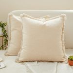 Set of 2 Linen Fringe Decorative Pillow Covers, 18x18 Inches, Beige – Cozy Tassel Accent, Boho Farmhouse Square Cushion Cases for Sofa, Couch, Bed