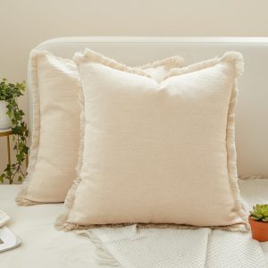 Set of 2 Linen Fringe Decorative Pillow Covers, 18x18 Inches, Beige – Cozy Tassel Accent, Boho Farmhouse Square Cushion Cases for Sofa, Couch, Bed