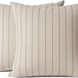 Set of 2 Neutral Striped Linen Pillow Covers, 18x18 Inches – Textured Square Cushion Cases for Sofa, Couch, Bed, Accent Chair, Farmhouse Decor