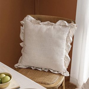 Set of 2 Washed Linen Throw Pillow Covers, 18x18 Inches – Ruffled Square Design, Solid Color, Soft and Breathable, Pure Flax Linen