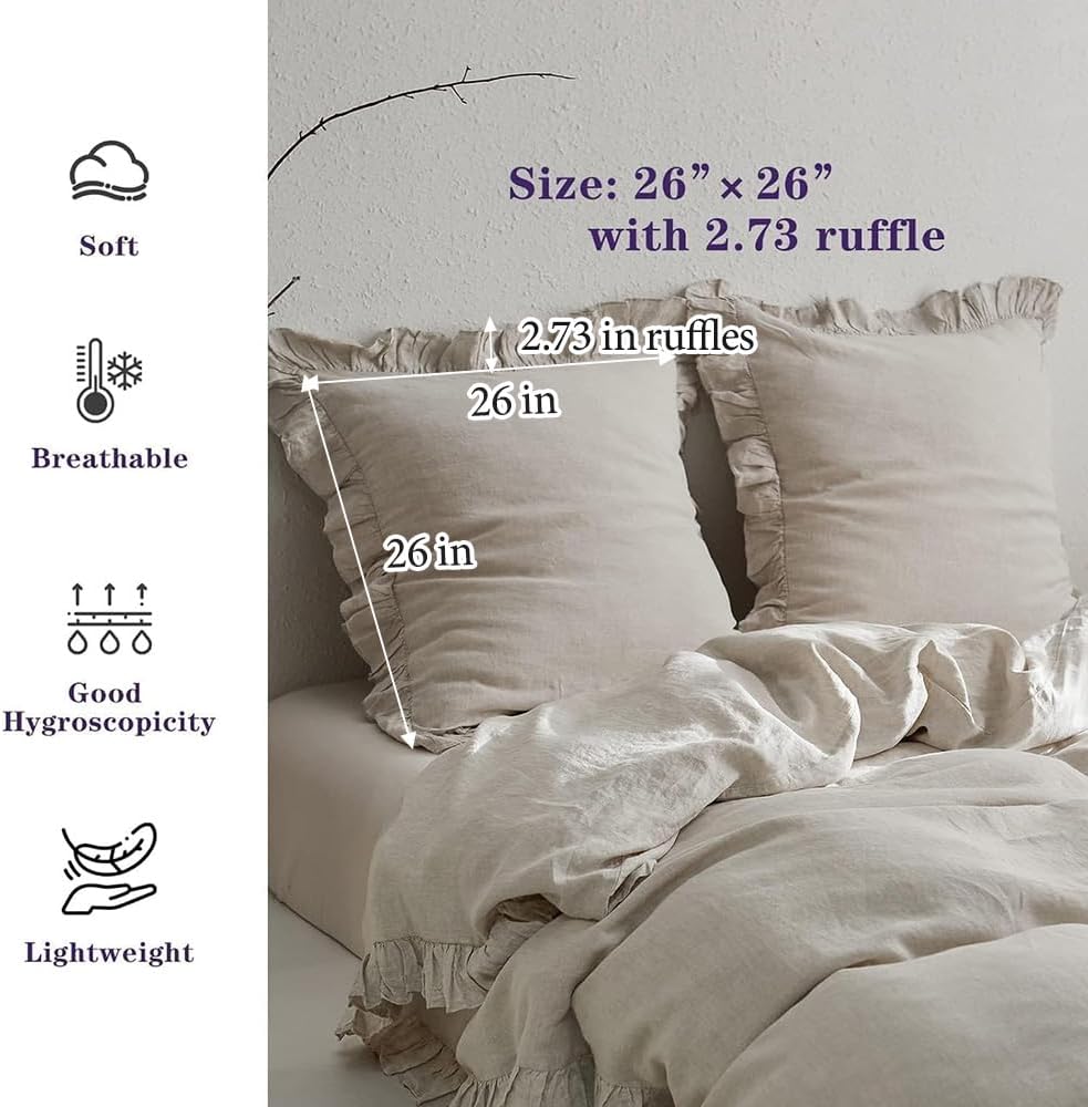 Set of 2 Pure Linen Euro Sham Covers with Ruffle, 26x26 Inches, Natural Linen Color – Breathable Square Pillow Shams for Bed or Couch, Classic Design - Image 2