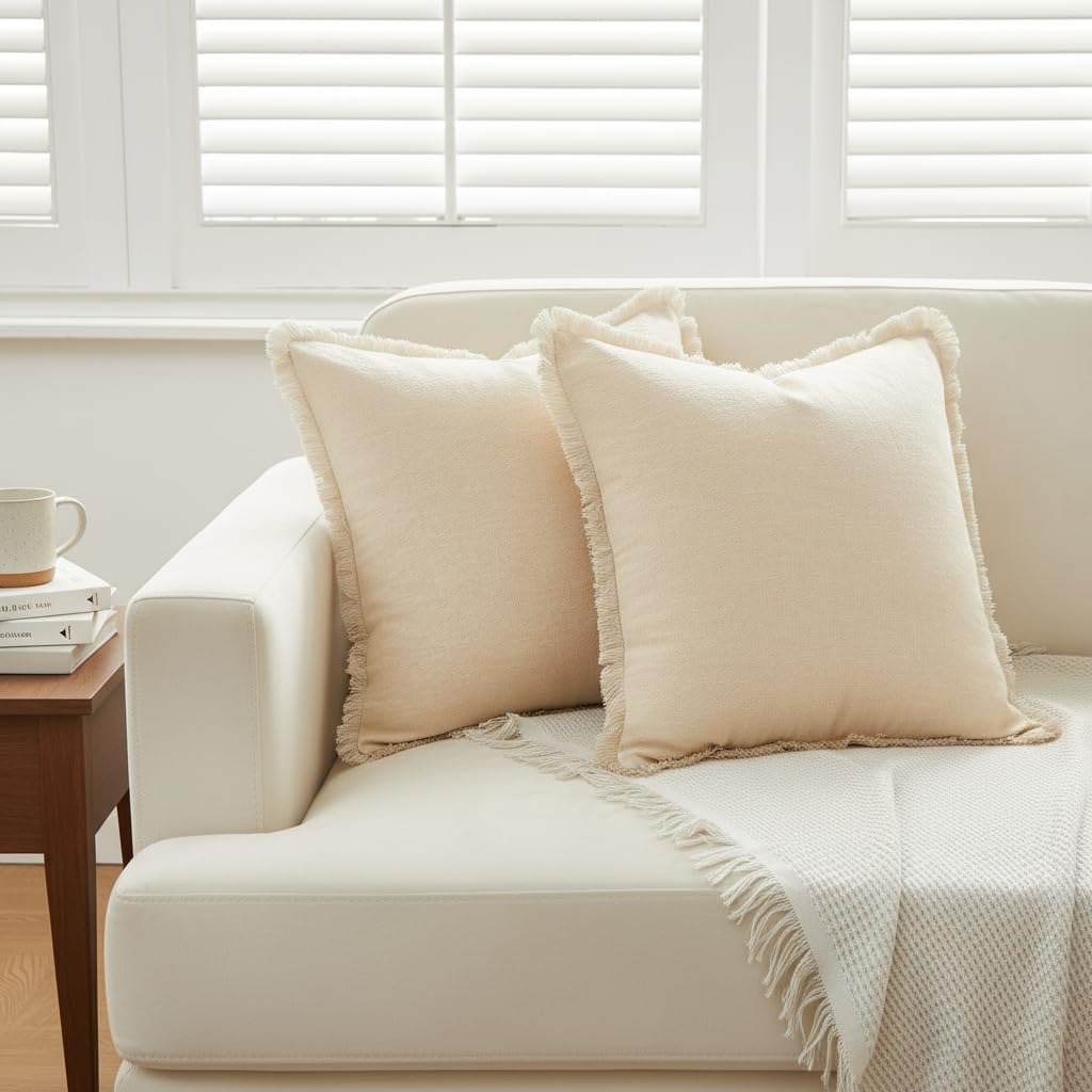 Set of 2 Linen Fringe Decorative Pillow Covers, 18x18 Inches, Beige – Cozy Tassel Accent, Boho Farmhouse Square Cushion Cases for Sofa, Couch, Bed - Image 2