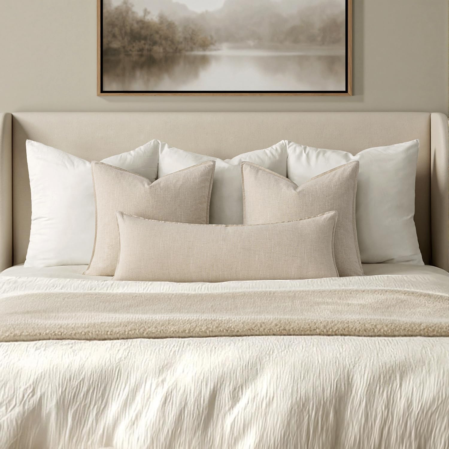Linen Lumbar Pillow Cover, 14x36 Inches, Natural Beige – Pack of 1, Boho Farmhouse Long Accent Cushion Case for Couch, Sofa, Bed, Living Room - Image 2