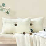 Pack of 2 Off-White Linen Pillow Covers with Coconut Button Detail, 12x20 Inches – Vintage Farmhouse Solid Cushion Cases for Couch, Bed, Chair