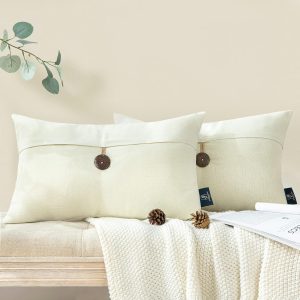 Pack of 2 Off-White Linen Pillow Covers with Coconut Button Detail, 12x20 Inches – Vintage Farmhouse Solid Cushion Cases for Couch, Bed, Chair