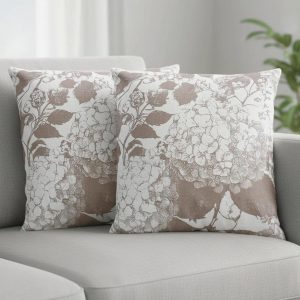 Set of 2 Light Brown Linen Floral Pillow Covers, 18x18 Inches – Hydrangea Pattern, Boho Vintage Cushion Cases for Sofa, Living Room, Bedroom