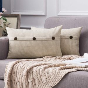 Set of 2 Linen Pillow Covers with Triple Button Detail, 12x20 Inches, Beige – Vintage Farmhouse Cushion Cases for Couch, Sofa, Bed