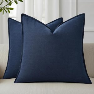 Set of 2 Navy Blue Linen Pillow Covers, 18x18 Inches, with Flange Edges – Cozy Modern Farmhouse Boho Accent Cases for Couch, Bed, Living Room