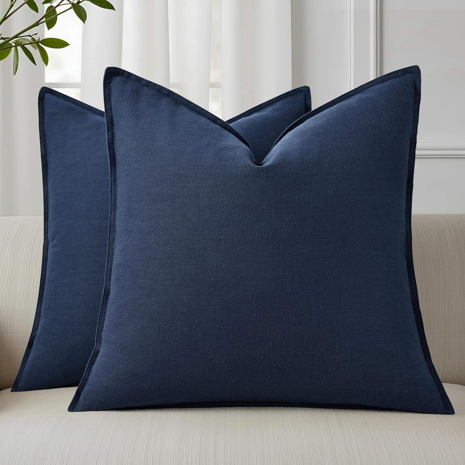 Set of 2 Navy Blue Linen Pillow Covers, 18x18 Inches, with Flange Edges – Cozy Modern Farmhouse Boho Accent Cases for Couch, Bed, Living Room