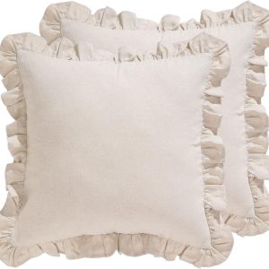 Set of 2 Vintage Linen Throw Pillow Covers, 18x18 Inches – Solid Color with Ruffled Trim, Rustic Farmhouse Cushion Cases for Couch, Living Room, Bedroom