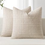 Set of 2 Linen Plaid Pillow Covers, 20x20 Inches, Natural Beige – Gingham Pattern, Vintage Modern Farmhouse Accent for Sofa, Bed, Couch