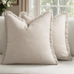Set of 2 Natural Beige Linen Fringe Pillow Covers, 20x20 Inches – Soft Tassel Accent, Boho Farmhouse Cushion Cases for Living Room, Couch, Bed