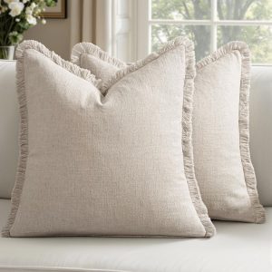 Set of 2 Natural Beige Linen Fringe Pillow Covers, 20x20 Inches – Soft Tassel Accent, Boho Farmhouse Cushion Cases for Living Room, Couch, Bed