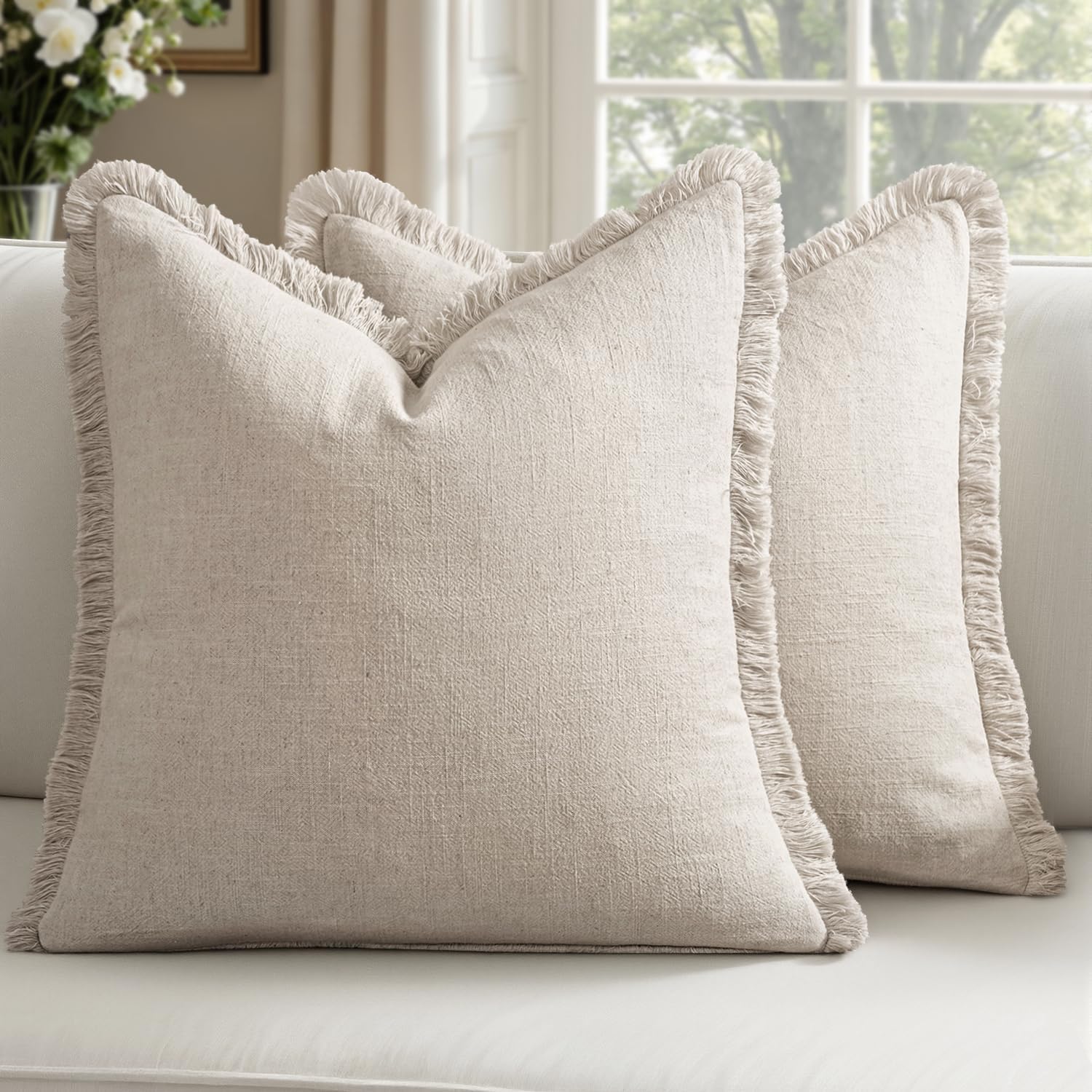 Set of 2 Natural Beige Linen Fringe Pillow Covers, 20x20 Inches – Soft Tassel Accent, Boho Farmhouse Cushion Cases for Living Room, Couch, Bed