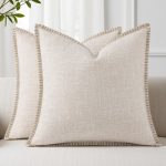 Set of 2 Beige Faux Linen Outdoor Pillow Covers, 18x18 Inches – Textured with Stitched Edge, Modern Farmhouse Accent for Patio, Sofa, Living Room