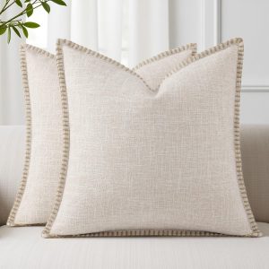 Set of 2 Beige Faux Linen Outdoor Pillow Covers, 18x18 Inches – Textured with Stitched Edge, Modern Farmhouse Accent for Patio, Sofa, Living Room