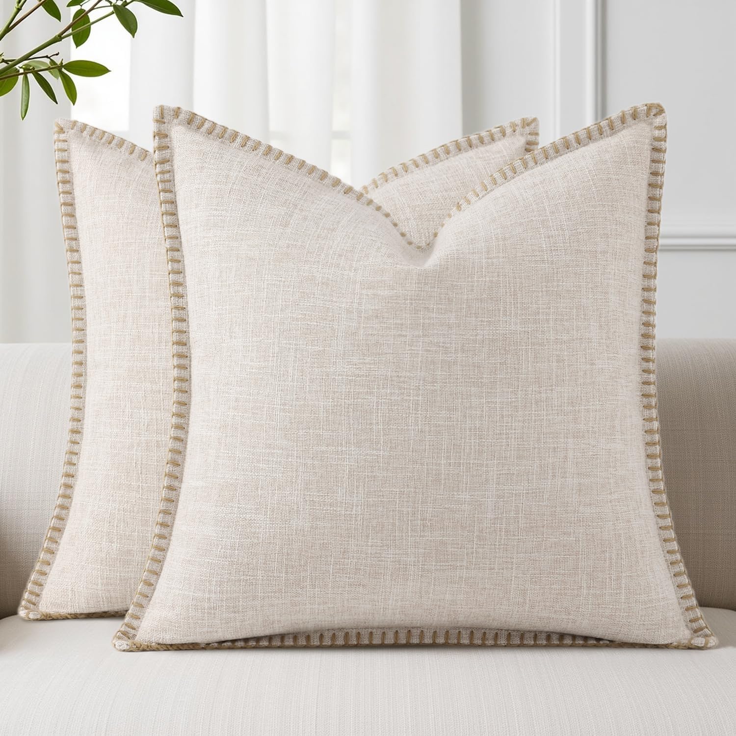 Set of 2 Beige Faux Linen Outdoor Pillow Covers, 18x18 Inches – Textured with Stitched Edge, Modern Farmhouse Accent for Patio, Sofa, Living Room