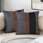 Pack of 2 Thick Black Linen Blend Lumbar Pillow Covers, 18x18 Inches – Black and Brown Color Block with Faux Leather Ticking Stripe, Farmhouse Cushion Cases, Dark Gray