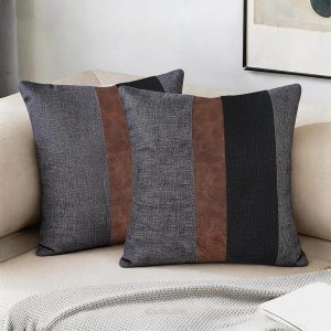 Pack of 2 Thick Black Linen Blend Lumbar Pillow Covers, 18x18 Inches – Black and Brown Color Block with Faux Leather Ticking Stripe, Farmhouse Cushion Cases, Dark Gray
