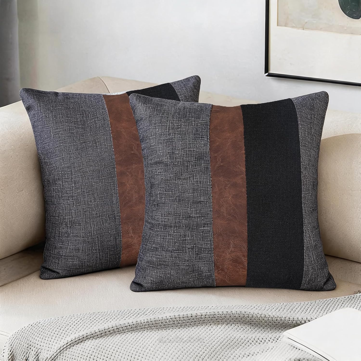 Pack of 2 Thick Black Linen Blend Lumbar Pillow Covers, 18x18 Inches – Black and Brown Color Block with Faux Leather Ticking Stripe, Farmhouse Cushion Cases, Dark Gray