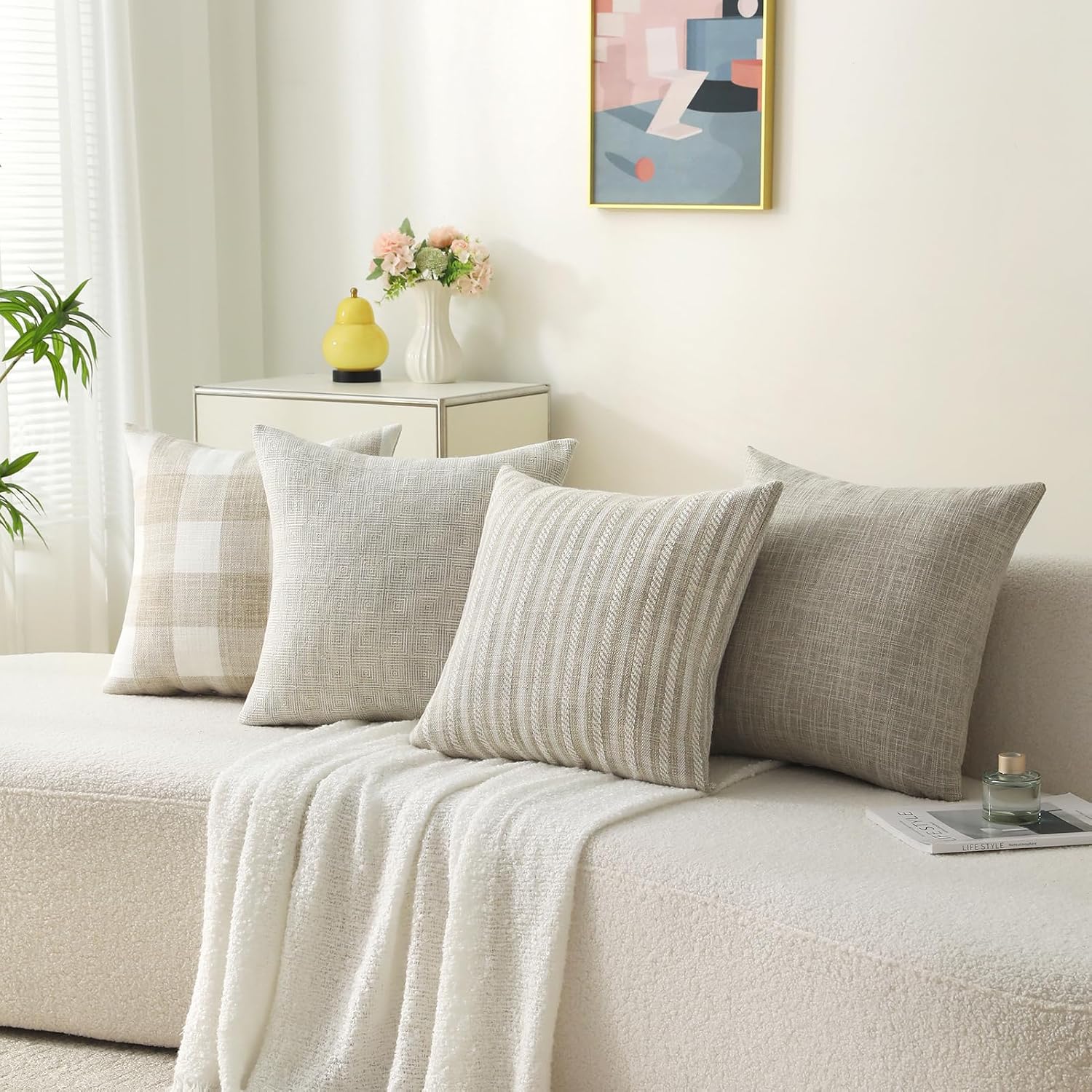 Set of 4 Beige Linen Check Pillow Covers, 20x20 Inches – Square Couch Pillow Cases with Hidden Zipper, Farmhouse Accent for Sofa, Bedroom - Image 2