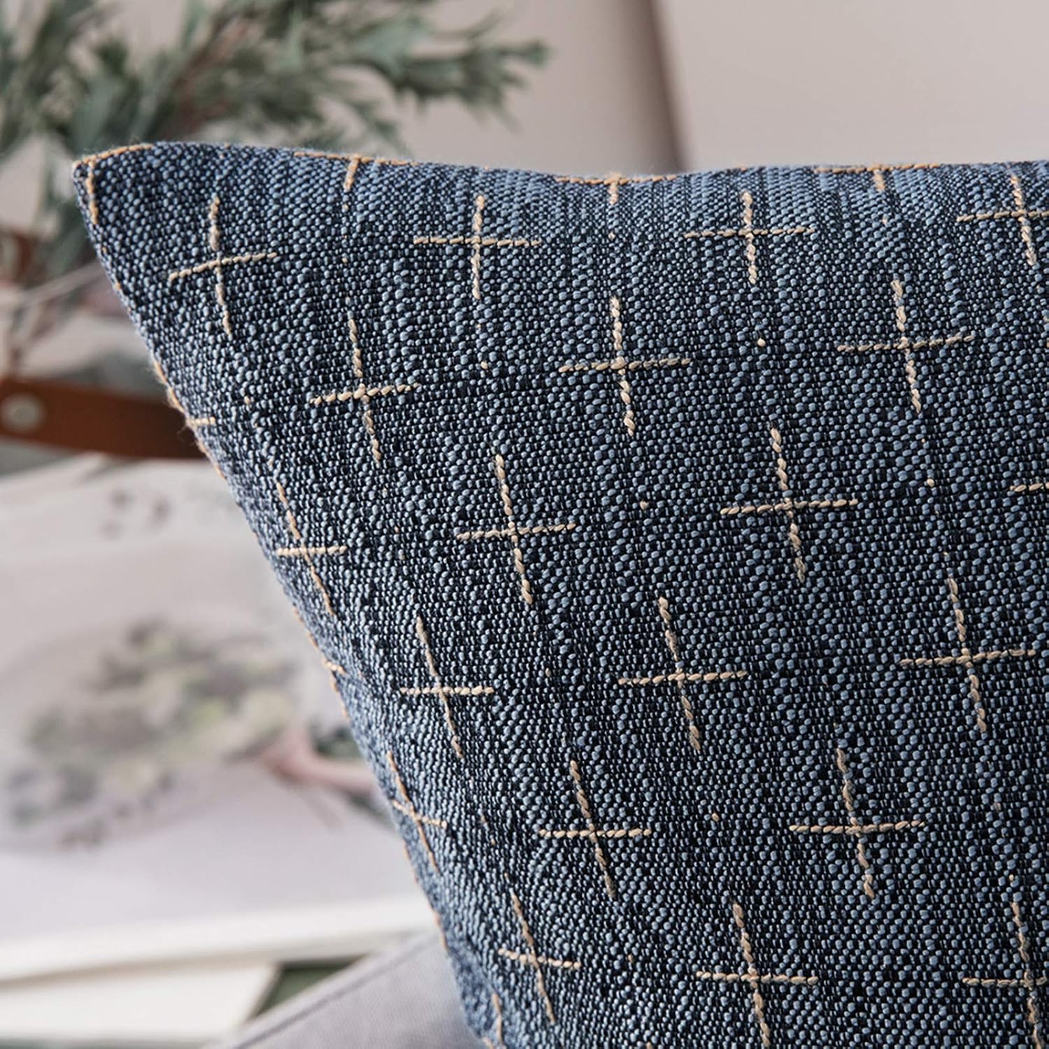 Pack of 2 Blue Decorative Burlap Linen Pillow Covers, 20x20 Inches – Rustic Woven Texture, Modern Farmhouse Vintage Cushion Cases for Sofa, Couch, Bed - Image 2