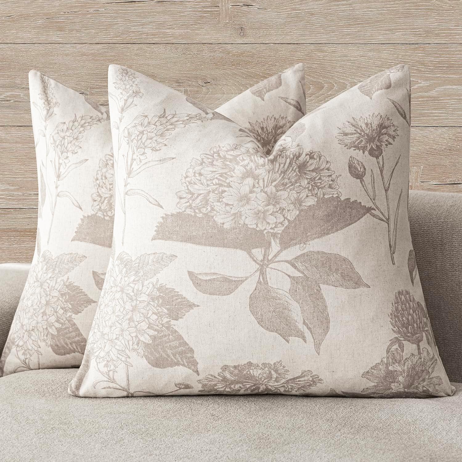 Set of 2 Linen Floral Vintage Pillow Covers, 18x18 Inches, Tan Beige – Neutral Accent Print, Farmhouse Cushion Cases for Sofa, Chair, Bedroom, Living Room
