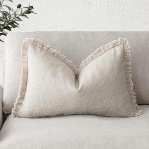 1-Piece Linen Fringe Lumbar Pillow Cover, 12x20 Inches, Natural Beige – Cozy Boho Farmhouse Cushion Case with Tassel for Sofa, Bed, Living Room