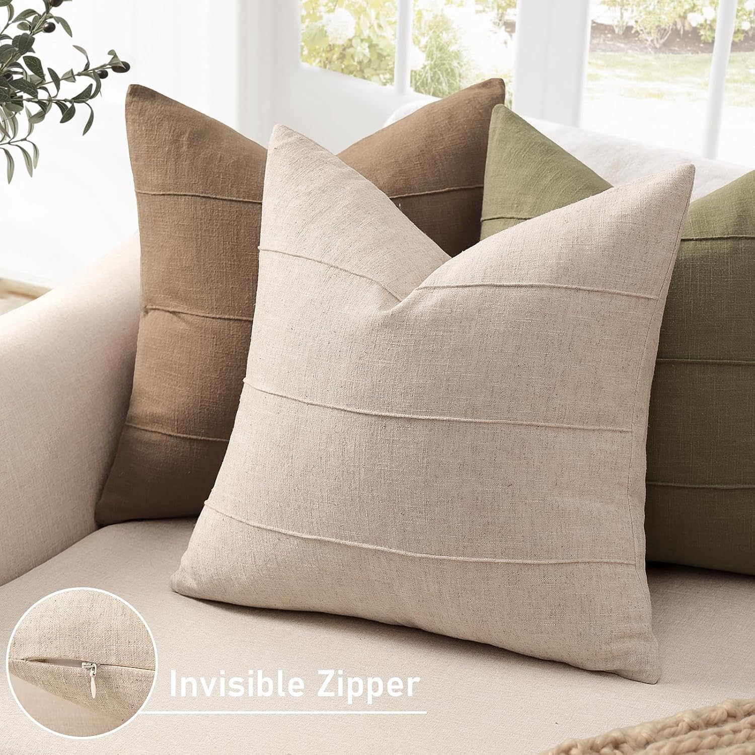 Handcrafted Striped Linen Blend Pillow Covers, 18x18 Inches, Set of 2 – Solid Neutral Beige, Soft Farmhouse Cushion Cases for Couch, Bedroom, Living Room - Image 2