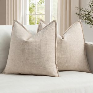 Set of 2 Thick Textured Pillow Covers, 18x18 Inches, Natural Linen Blend – Flange Edge, Farmhouse Modern Boho Style for Bed, Couch, Living Room