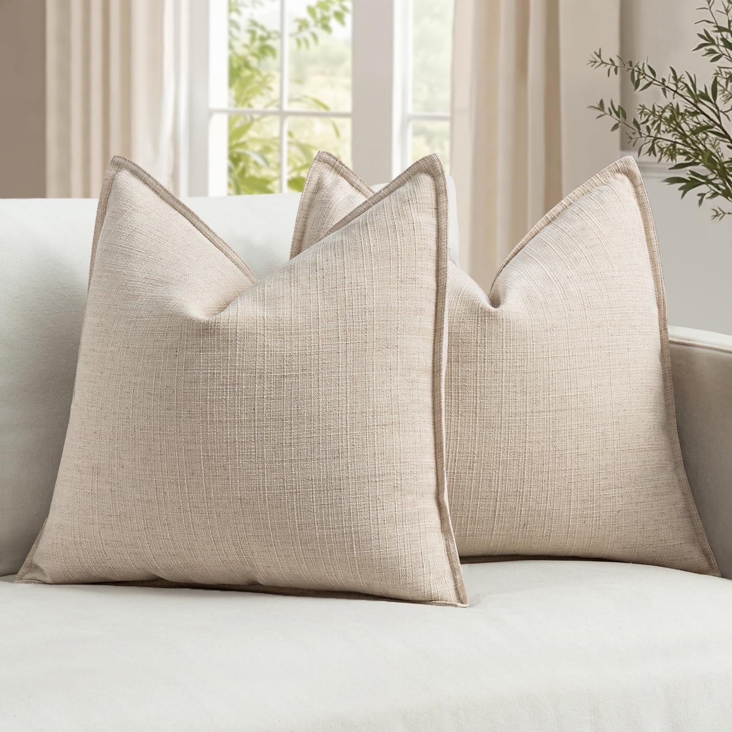 Set of 2 Thick Textured Pillow Covers, 18x18 Inches, Natural Linen Blend – Flange Edge, Farmhouse Modern Boho Style for Bed, Couch, Living Room