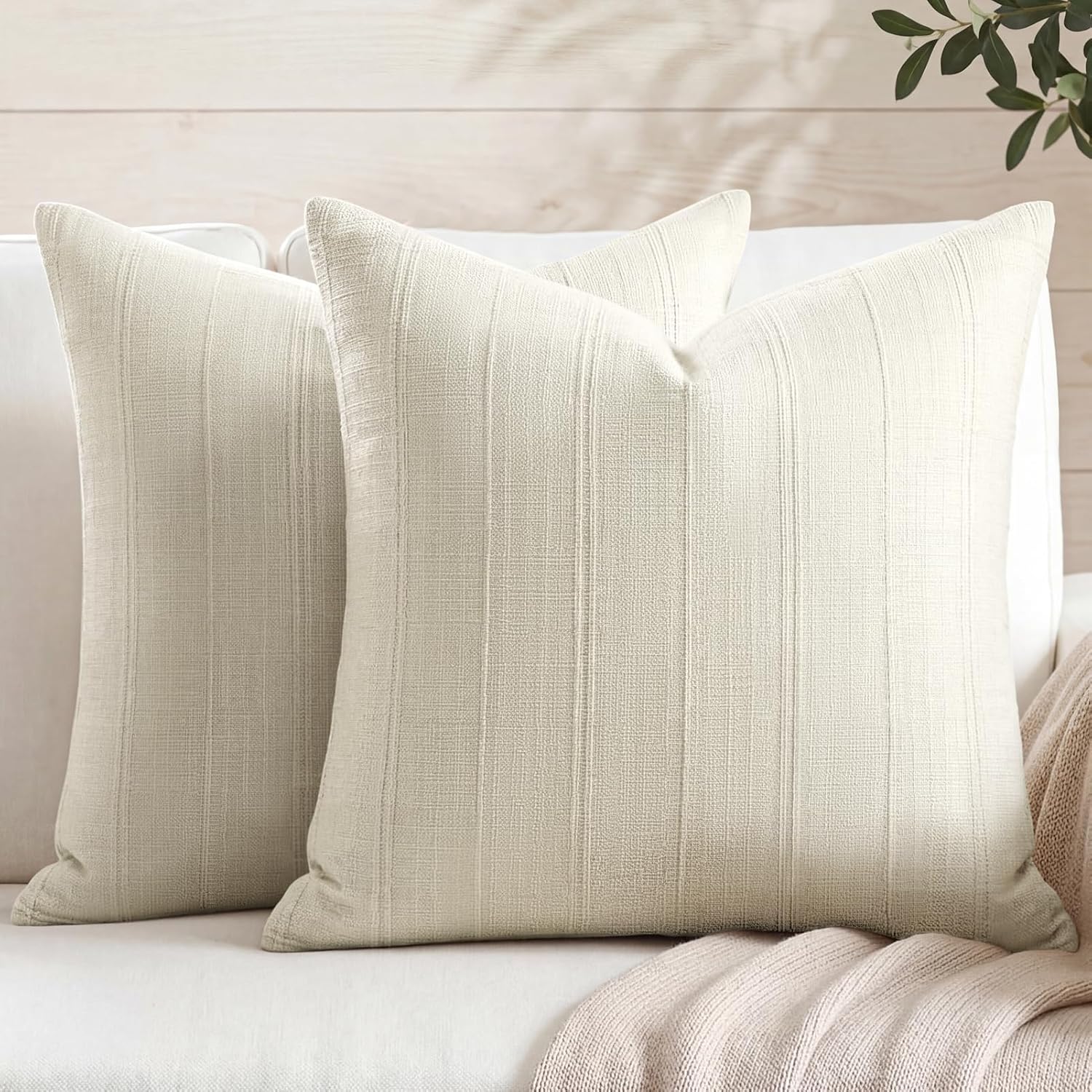 Set of 2 Cotton Blend Linen Textured Pillow Covers, 18x18 Inches, Natural Beige – Striped Pattern, Neutral Boho Cushion Cases for Sofa, Living Room, Home Accent