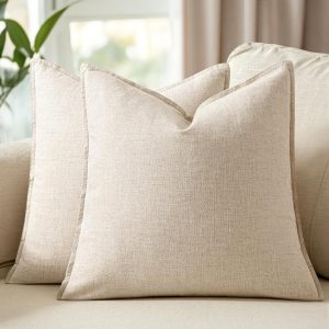 Set of 2 Solid Linen Throw Pillow Covers, 20x20 Inches, Soft Beige – Boho Farmhouse Accent Pillowcases for Sofa, Bed, Living Room Decor