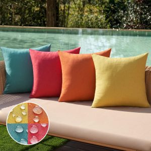 Pack of 4 Waterproof Outdoor Linen Pillow Covers, 18x18 Inches, Red and Turquoise – Farmhouse Cushion Cases for Patio, Garden, Balcony, Sofa