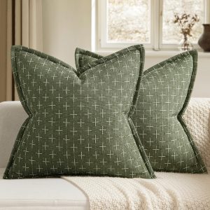Decorative Burlap Linen Pillow Covers, 18x18 Inches, Olive Green – Woven Textured, Vintage Farmhouse Cushion Cases for Sofa, Bed, Living Room