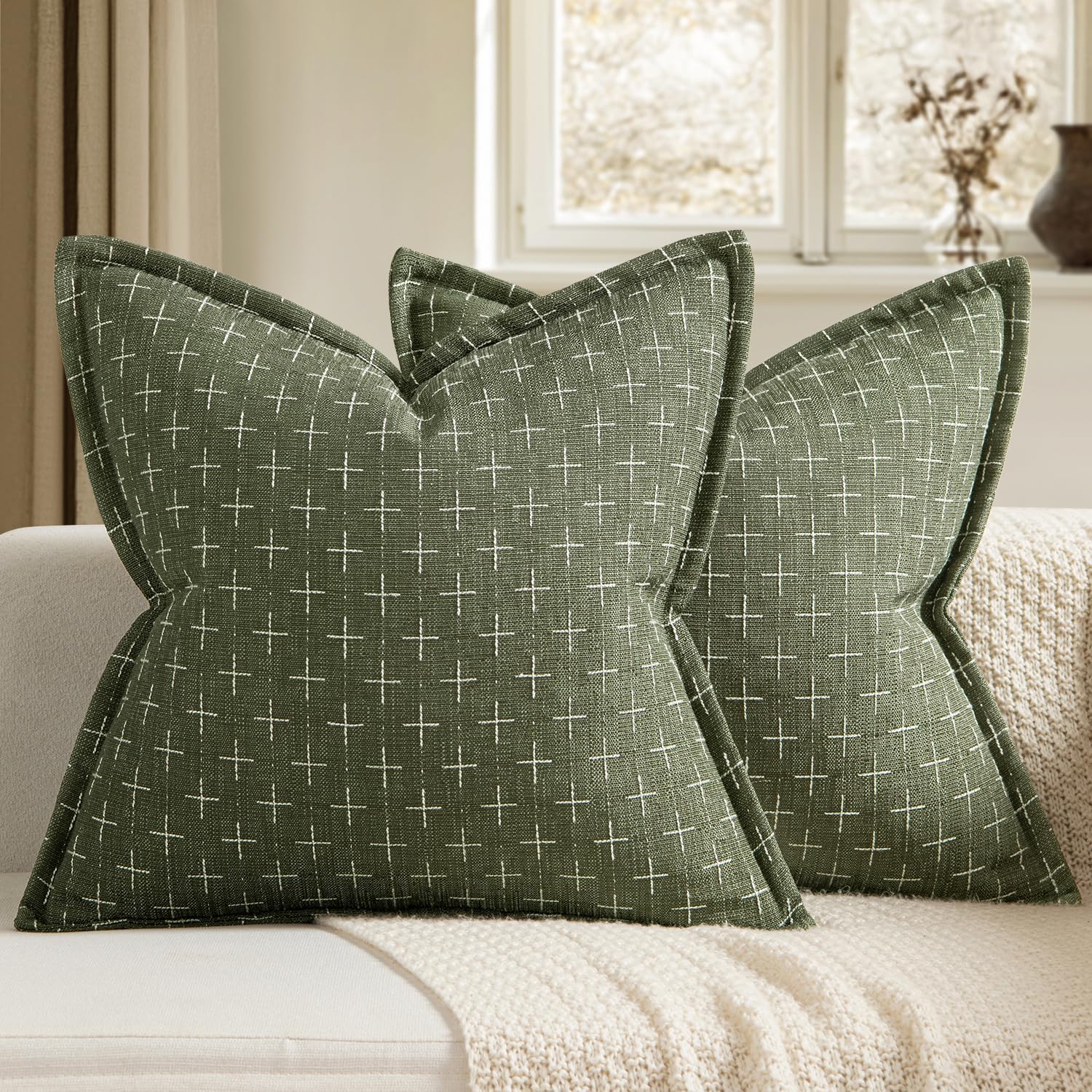 Decorative Burlap Linen Pillow Covers, 18x18 Inches, Olive Green – Woven Textured, Vintage Farmhouse Cushion Cases for Sofa, Bed, Living Room