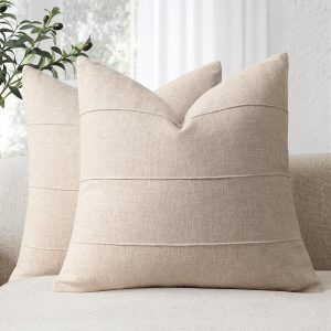 Handcrafted Striped Linen Blend Pillow Covers, 18x18 Inches, Set of 2 – Solid Neutral Beige, Soft Farmhouse Cushion Cases for Couch, Bedroom, Living Room