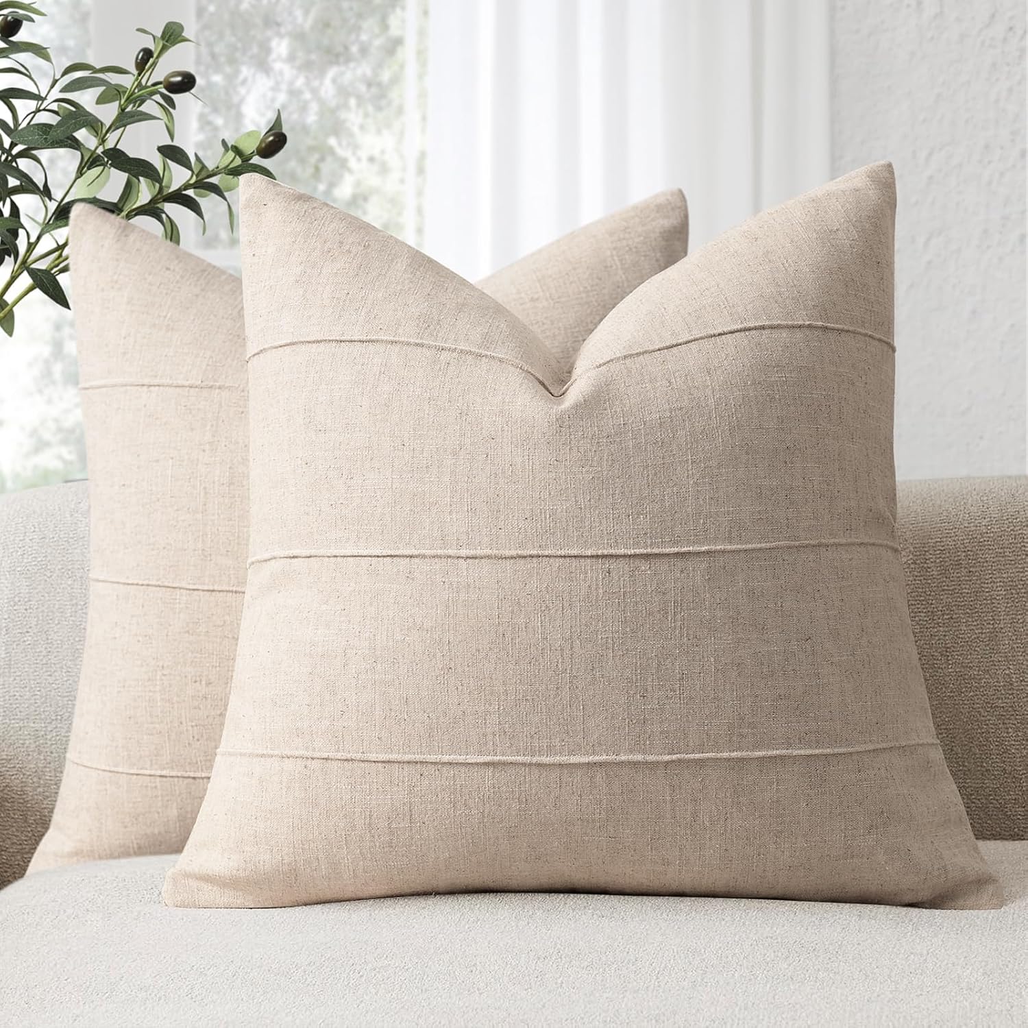 Handcrafted Striped Linen Blend Pillow Covers, 18x18 Inches, Set of 2 – Solid Neutral Beige, Soft Farmhouse Cushion Cases for Couch, Bedroom, Living Room