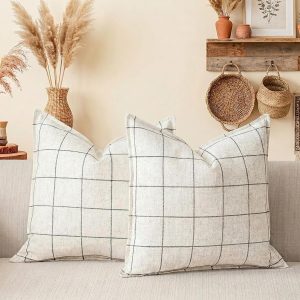 Set of 2 Cream White Plaid Pillow Covers, 18x18 Inches – Ivory Windowpane Pattern, Soft Polyester-Linen Blend, Minimalist Neutral Accent for Bedroom, Scandinavian Style