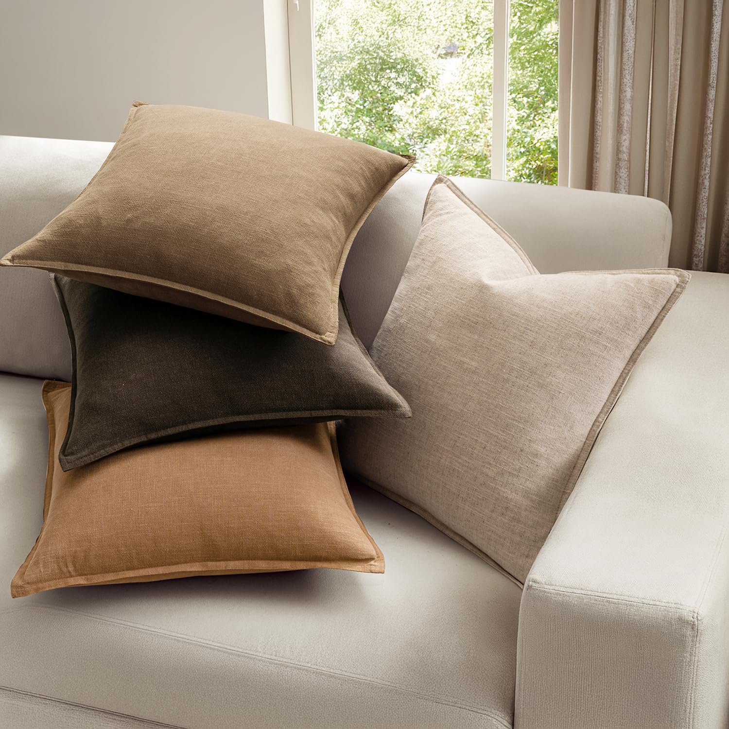 Pack of 4 Neutral Brown Boho Linen Pillow Covers, 18x18 Inches – Soft Fall Farmhouse Couch Pillowcases for Living Room, Bed, Modern Decor - Image 2