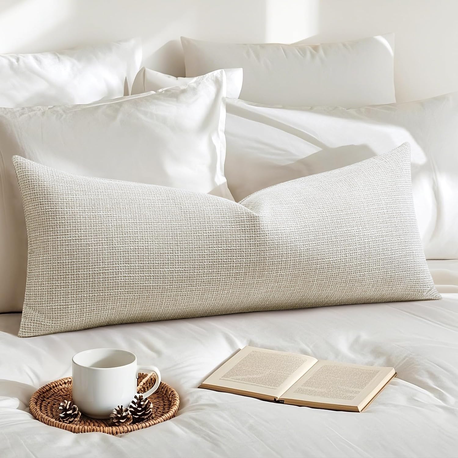 1-Piece Linen Lumbar Pillow Cover, 14x36 Inches, Beige – Long Rectangle Cushion Case for Sofa, Bedroom, Car, Home Decor