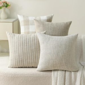 Set of 4 Beige Linen Check Pillow Covers, 20x20 Inches – Square Couch Pillow Cases with Hidden Zipper, Farmhouse Accent for Sofa, Bedroom