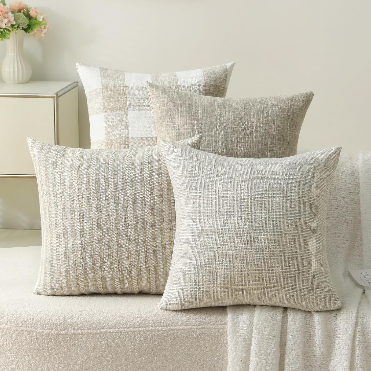 Set of 4 Beige Linen Check Pillow Covers, 20x20 Inches – Square Couch Pillow Cases with Hidden Zipper, Farmhouse Accent for Sofa, Bedroom