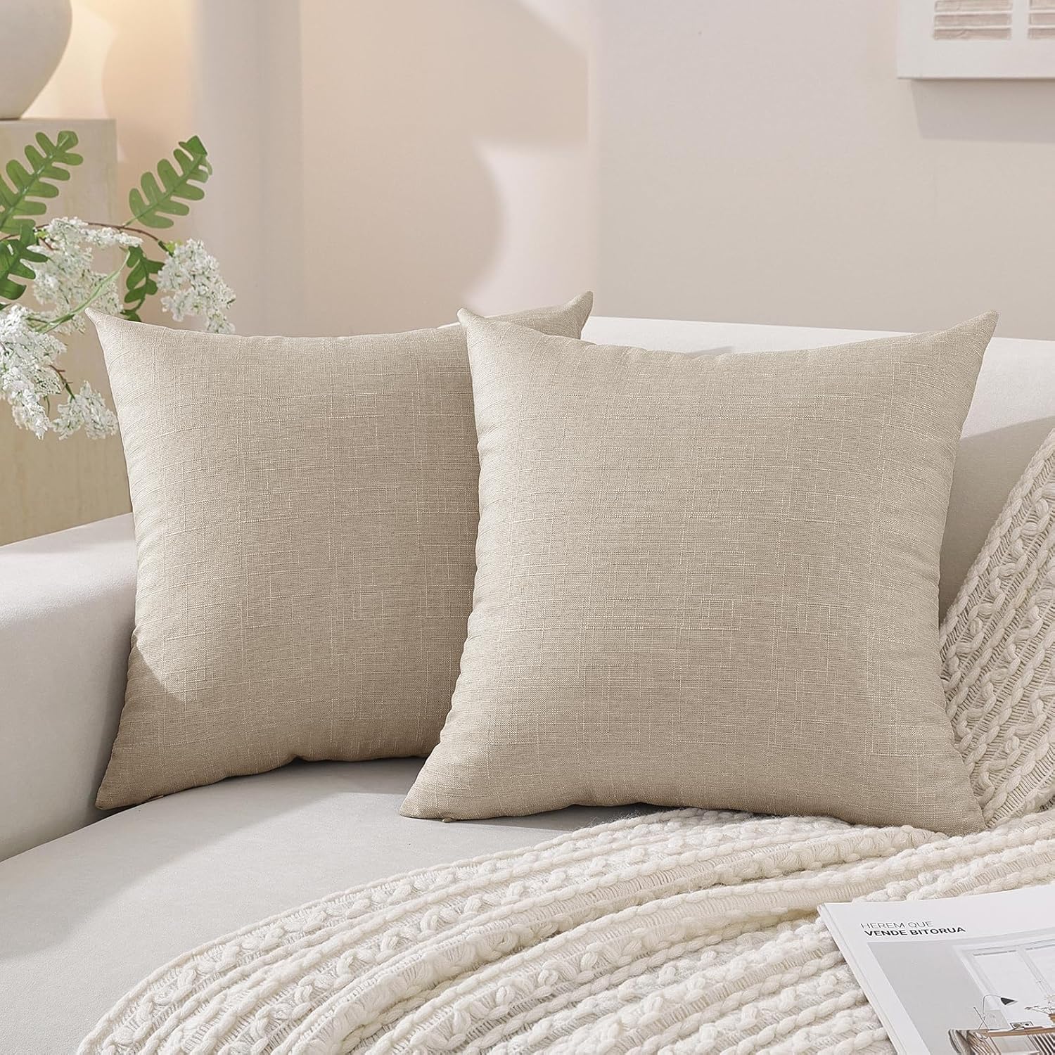 Set of 2 Light Coffee Faux Linen Throw Pillow Covers, 20x20 Inches – Soft Boho Accent, Farmhouse Cushion Cases for Couch, Sofa, Bedroom, Living Room