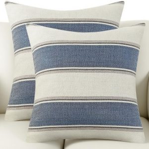 Pack of 2 Blue Farmhouse Linen Pillow Covers, 18x18 Inches – Buffalo Stripe Pattern, Retro Accent with Hidden Zipper for Sofa, Bedroom, Car