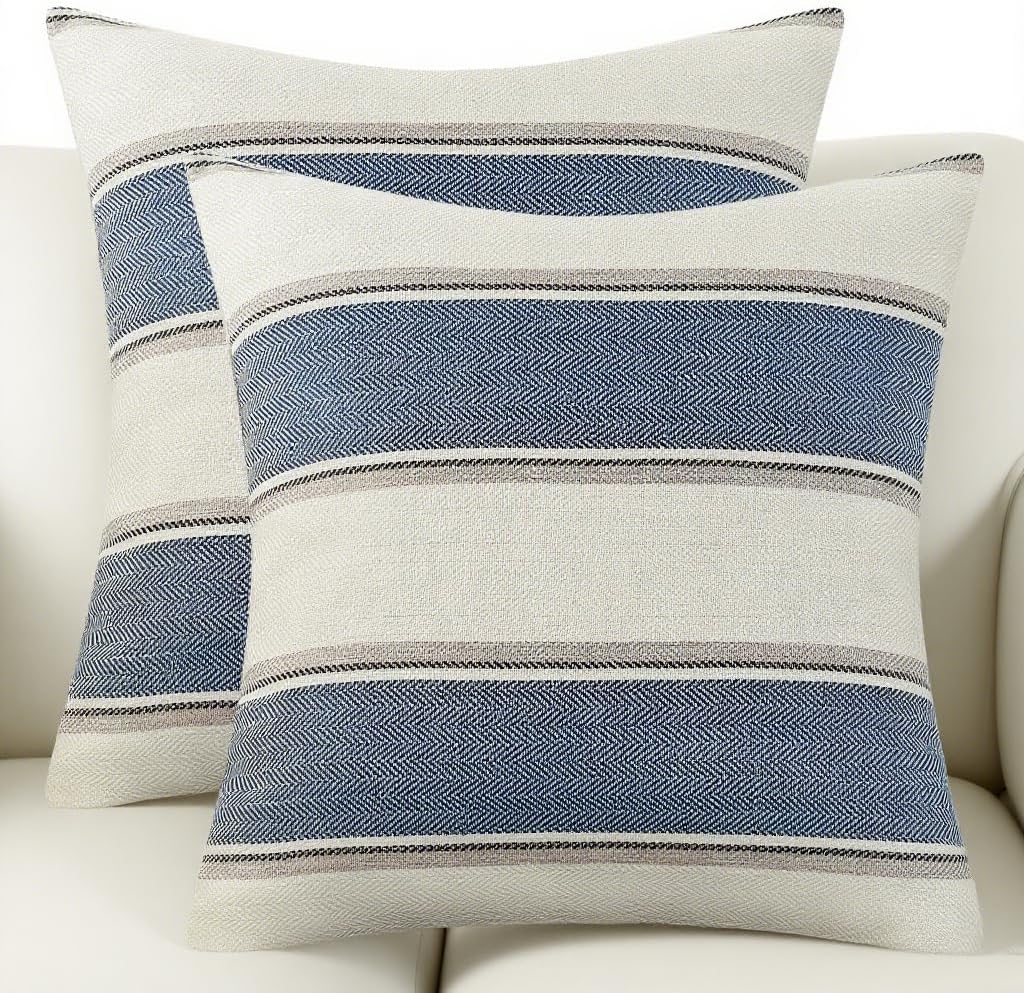 Pack of 2 Blue Farmhouse Linen Pillow Covers, 18x18 Inches – Buffalo Stripe Pattern, Retro Accent with Hidden Zipper for Sofa, Bedroom, Car