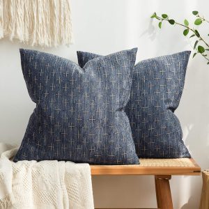 Pack of 2 Blue Decorative Burlap Linen Pillow Covers, 20x20 Inches – Rustic Woven Texture, Modern Farmhouse Vintage Cushion Cases for Sofa, Couch, Bed