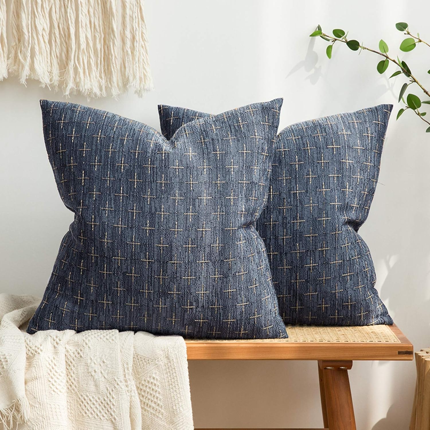 Pack of 2 Blue Decorative Burlap Linen Pillow Covers, 20x20 Inches – Rustic Woven Texture, Modern Farmhouse Vintage Cushion Cases for Sofa, Couch, Bed