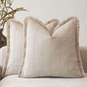 Set of 2 Linen Check Fringe Pillow Covers, 20x20 Inches, Natural Linen – Vintage Farmhouse Boho Cushion Cases for Sofa, Chair, Bedroom, Living Room