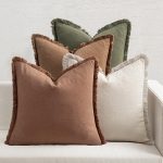 Set of 4 Linen Fringe Pillow Covers, 18x18 Inches, Assorted Beige/Brown/Green – Boho Farmhouse Rustic Cushion Cases for Sofa, Bed, Living Room